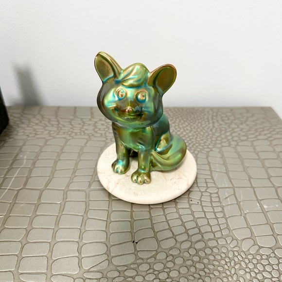 Vintage Zsolnay Eosin Green Iridescent Hand Painted Porcelain Fox Figurine